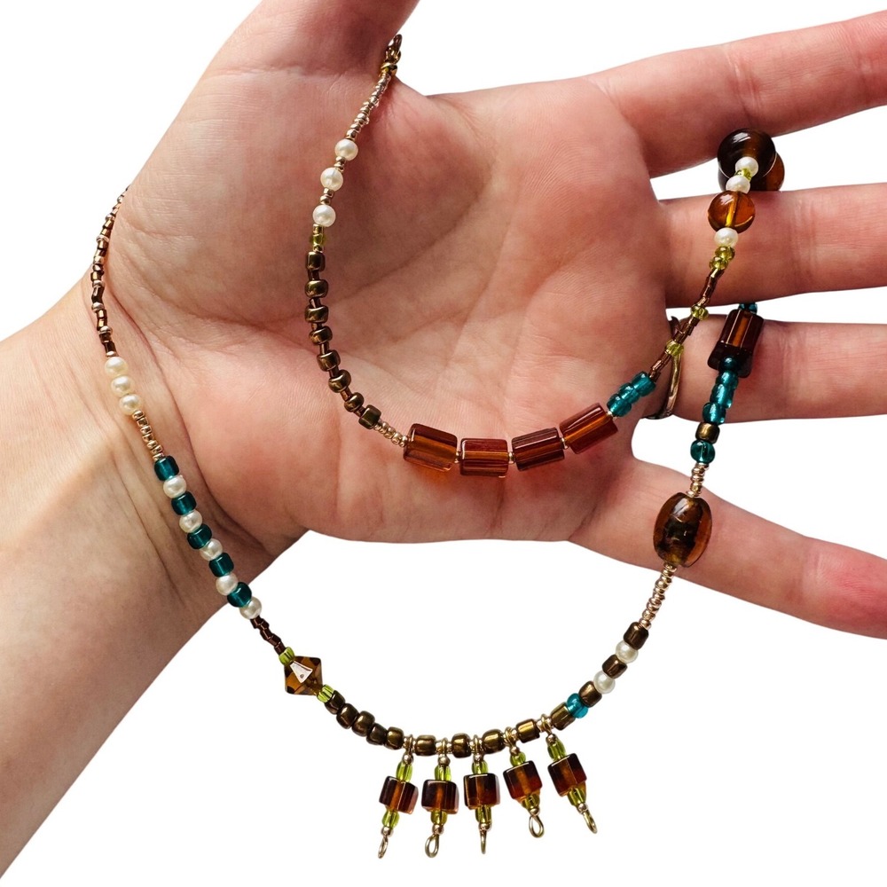 Handmade Beaded Necklace Women OS Brown Lime Turquoise Boho Glass‎